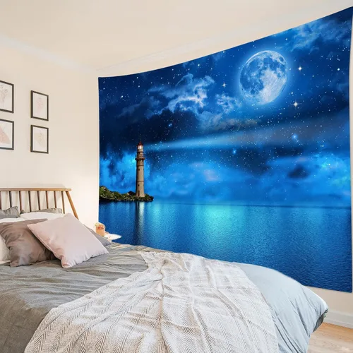 Miniatura 4 de HVEST Tapiz de luna y cielo nocturno para colgar en la pared, luna llena y galaxia estrellada con faro sobre el océano, tapiz colgante de pared