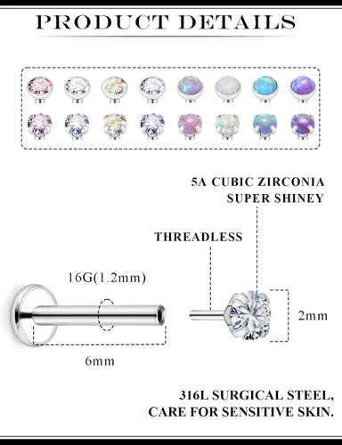 Miniatura 2 de Piercing de labio de acero inoxidable para mujer, calibre 16, 18, 0.71 oz, sin rosca, joyería de labret Monroe, joyería de piercing Medusa, joyería