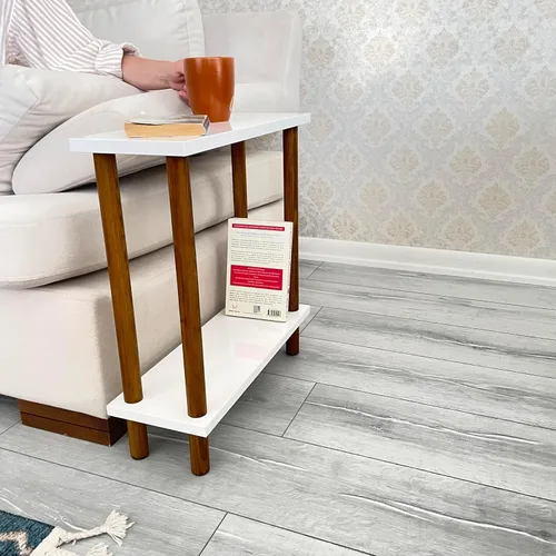 Miniatura 11 de Narrow Small Places - Mesa auxiliar moderna de mármol sintético para sofá sala de estar, mesa auxiliar minimalista delgada de 2 niveles con estante