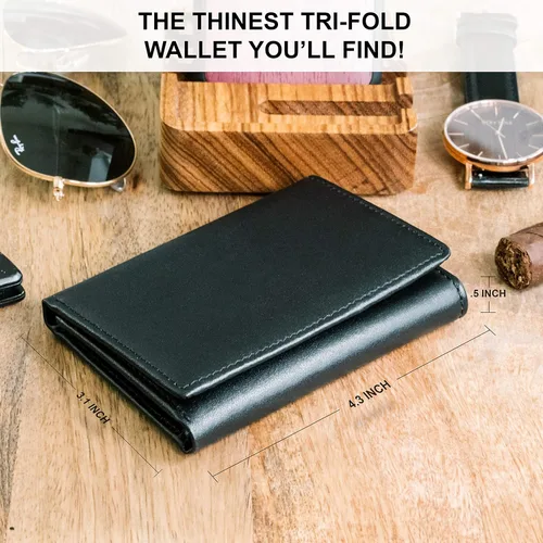 Miniatura 4 de STAY FINE Billetera triple de cuero de grano superior para hombre, costuras ultra fuertes, cuero argentino hecho a mano, bloqueo RFID, billetera