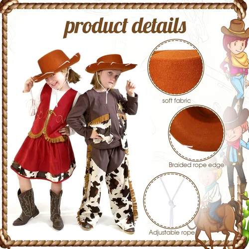 Miniatura 6 de Coume 20 sombreros de vaquero para niños, sombreros de fieltro para disfraz de cumpleaños de Halloween del oeste (marrón)