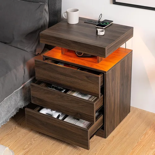 Miniatura 12 de HOMMPA Mesita de noche negra con estación de carga inalámbrica, mesita de noche de alto brillo con 3 cajones, mesa auxiliar con carga USB tipo C