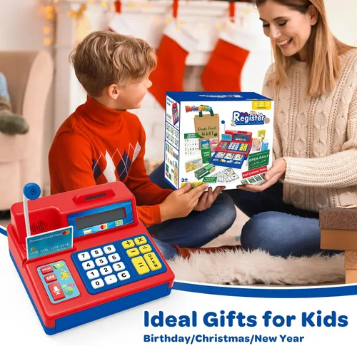 Miniatura 7 de Juguete de Caja Registradora con Calculadora para Niños de 3, 4, 5, 6, 7, 8+ Años, Set de 120 Piezas de Tienda de Comestibles con Micrófono, Cajas