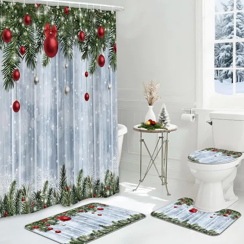 MEHOFOND Juego de 4 cortinas de ducha de Navidad con alfombras antideslizantes, cubierta de tapa de inodoro y alfombra de baño, decoración rústica