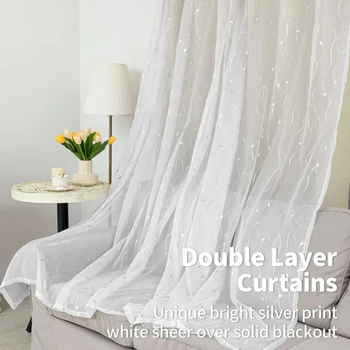Miniatura 4 de BGment Cortinas de oscurecimiento de habitación con superposición transparente, cortinas de tul estampado plateado de doble capa para sala de estar