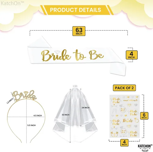 Miniatura 2 de KatchOn, Decoraciones doradas para despedida de soltera, paquete de 5, accesorios para novia, banda para la novia y tatuajes de novia, velo de boda