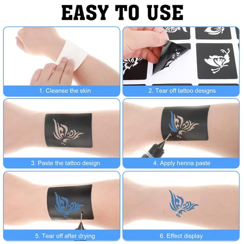 Miniatura 8 de Qpout Plantillas de tatuaje para niños y adultos, kit de plantillas de tatuaje de henna, diseño de plantillas de tatuaje pequeñas y grandes