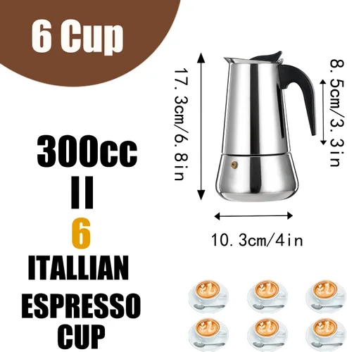 Miniatura 3 de olla de 6 tazas para preparar espresso en la estufa, cafetera moka de acero inoxidable, percolador para estufa, cafetera italiana, capaz de preparar