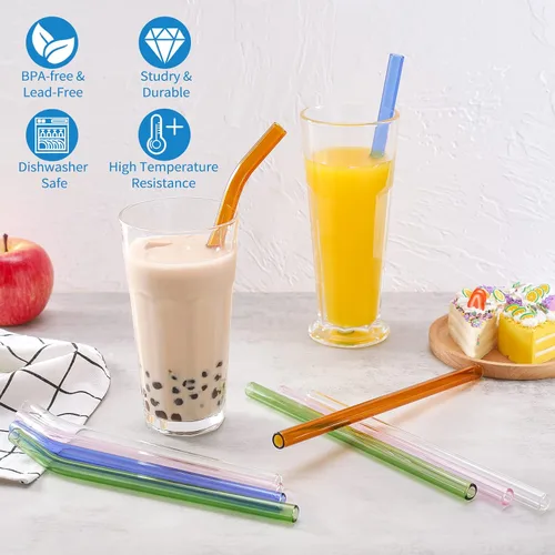 Miniatura 2 de 10 popotes de vidrio reutilizables para batidos, 0.354 x 0.472 in, para batidos, té, jugo, juego de 5 rectas y 5 dobladas con 2 cepillos