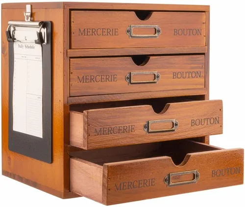 Caja de almacenamiento de madera, organizador de escritorio rústico con cajones/etiquetas, 4 niveles de accesorios de escritorio de oficina, estante