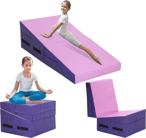 Colchoneta de gimnasia de 48 x 24 pulgadas, plegable, inclinada, con superficie de PVC antideslizante y asas para niños, entrenamiento en casa,