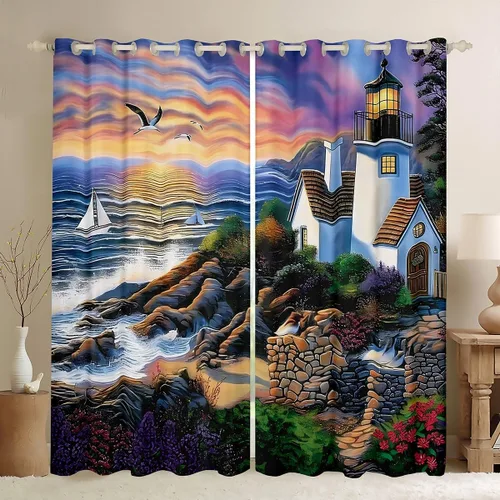 Miniatura 22 de Erosebridal Nautical Lighthouse Blackout Curtains 30-50% Navigation Theme Curtains for Women Men Watercolor Seascape Window Treatments Coastal Night