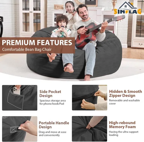 Miniatura 273 de Puf de 5 pies, puf grande con relleno de espuma viscoelástica, sofá puff esponjoso con funda de terciopelo holandés, puf redondo para sala de estar