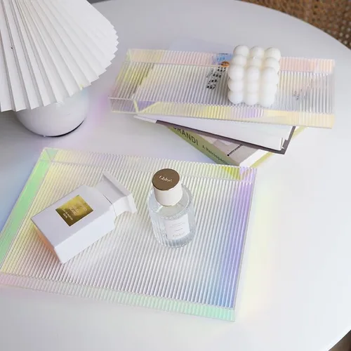 Miniatura 5 de Bandejas de acrílico arco iris, bandeja de almacenamiento de acrílico iridiscente, organizador de almacenamiento de maquillaje para tocador