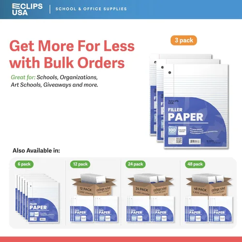 Miniatura 7 de Cuaderno de hojas sueltas con rayas universitarias, papel rayado universitario de 10.5 x 8 pulgadas, 300 hojas, 100 hojas por paquete, 2.12 oz/m²