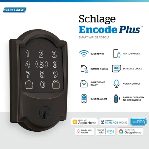 Miniatura 2 de Schlage BE499WB CAM 716 Encode Plus WiFi Cerrojo de seguridad inteligente con cerradura de entrada sin llave y pantalla táctil con moldura Camelot