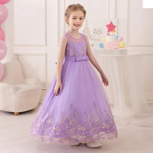 Miniatura 12 de Vestido formal para niña de flores, vestido formal para fiesta de cumpleaños, boda, bordado floral, vestidos de satén de tul para niños de 2 a 12
