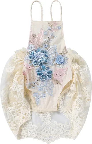 Traje de primer cumpleaños para niña con volantes manga corta encaje floral vestido de tul diadema de corona sesión de fotos