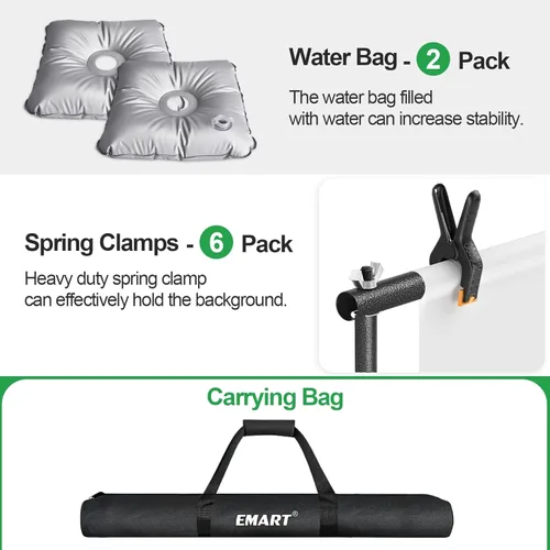 Miniatura 6 de Kit portátil de soporte para telón de fondo Emart con base plana cruzada plegable, altura ajustable de 2,6 m, ancho de 3 m, tubo y marco colgante