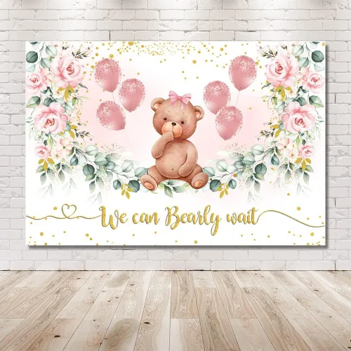 Miniatura 6 de MEHOFOND Telón de fondo de fiesta de oso para baby shower para niña, fondo de fotografía floral rosa rubor, puntos con purpurina dorada, hojas