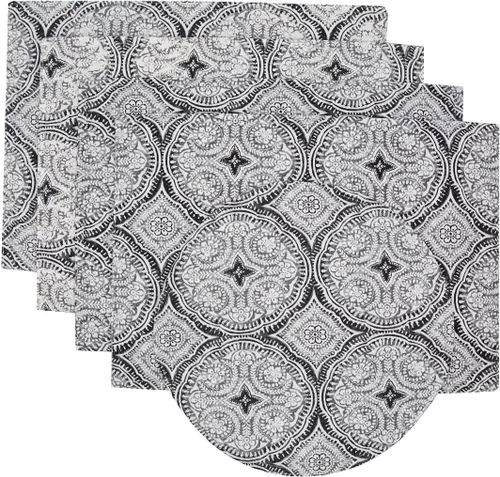 Miniatura 7 de Grey Medallion - Manteles individuales en forma de cuña de tela para exteriores, juego de cuatro Plus con cargador central redondo