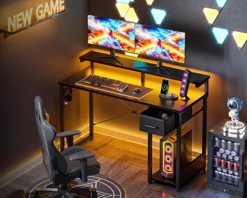Miniatura 2 de AODK Escritorio para juegos con luces LED, escritorio para computadora de 55 pulgadas con cajones, escritorio pequeño reversible con soporte
