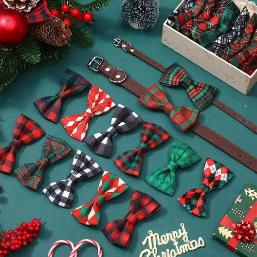 Miniatura 5 de Silkfly 60 piezas de collar de perro a cuadros de Navidad, corbatín a granel, accesorios de vacaciones, lazos para cachorros, collares desmontables
