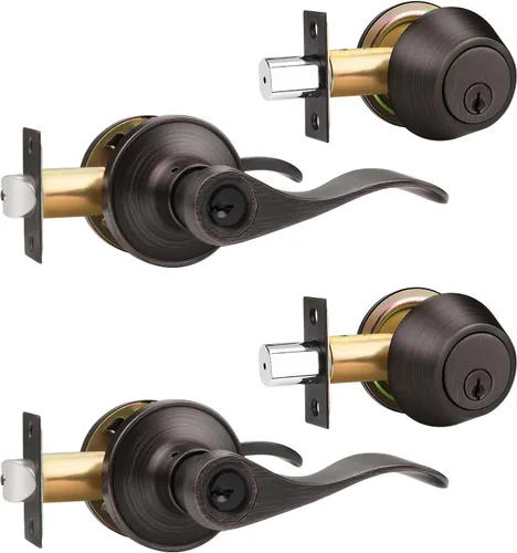Miniatura 15 de Gobrico Keyd Alike - Manija de puerta de entrada y cerrojo de un solo cilindro en níquel satinado, palanca estilo onda con cerradura y cerrojo