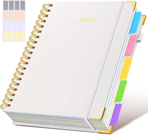 Miniatura 11 de Cuaderno universitario de espiral con tapa dura de cuero de 8 x 10 pulgadas, con pestañas separadoras extraíbles, para 5 materias, a rayas; diario