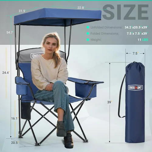 Miniatura 7 de Overmont - Silla de camping con toldo de 330 libras, silla de playa plegable resistente con bolsa enfriadora de 3 L, soporte de respaldo alto