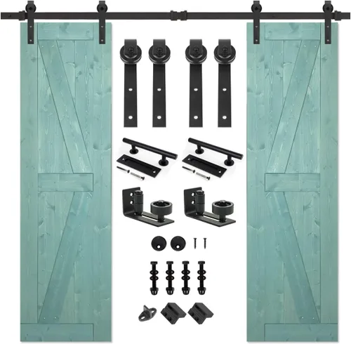 Miniatura 19 de S&Z TOPHAND 20 pulgadas x 84 pulgadas. Puerta de granero anudada británica sin terminar con kit de herrajes deslizantes de 4 pies/madera