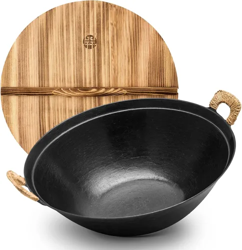 Miniatura 12 de WANGYUANJI Wok de hierro fundido hecho a mano de 14.2 pulgadas, sartenes grandes para freír con doble mango, sartén adecuada para inducción