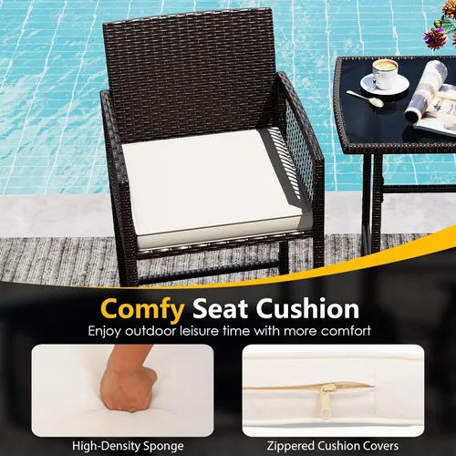 Miniatura 7 de Tangkula Juego de barra de patio de 3 piezas, mesa de metal de altura de barra de mimbre para exteriores de servicio pesado y sillones con cojines