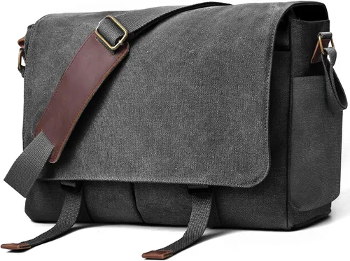 Miniatura 10 de Bolsa de mensajero para hombre, bolsa para laptop, unisex, bolsa de lona retro, 14-15.6 pulgadas, casual, bolsa de hombro individual para trabajo