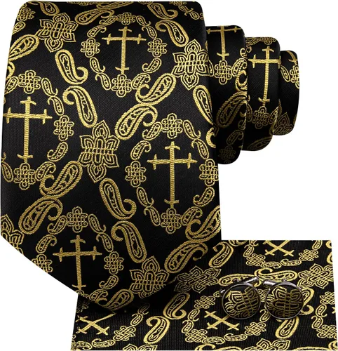 Miniatura 312 de Hi-Tie Corbata clásica de cachemira para hombre con pañuelo y gemelos a cuadros