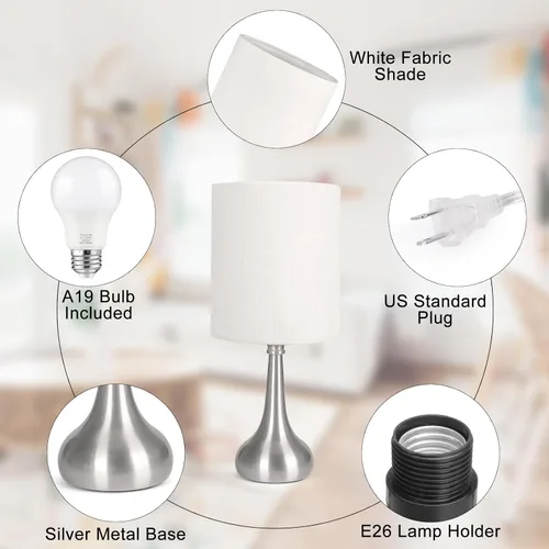 Miniatura 3 de Lámpara de mesa con control táctil, lámpara de noche regulable de 3 vías, lámpara de luz simple con pantalla de lámpara blanca y base de metal