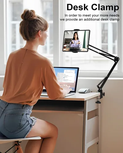 Miniatura 5 de Soporte de suelo para tablet con base estable de 11 libras y abrazadera de escritorio, brazo giratorio de altura ajustable, compatible con iPhone