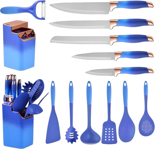 Juego de utensilios de cocina de 13 piezas, juego de utensilios de cocina de silicona azul con 5 cuchillos de cocina, juego de espátulas no tóxicas,