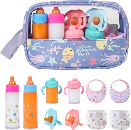 Miniatura 10 de CARANOVO Juego de accesorios para muñecas de bebé, 7 piezas, juego de alimentación y cuidado con botellas mágicas que desaparecen, chupete, pañales