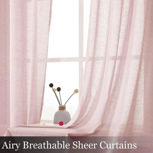 Miniatura 4 de Miss SELETEX - Cortinas traslúcidas de lino natural rosa rubor para sala de estar, elegantes cortinas para ventana lisas con ojales filtrantes