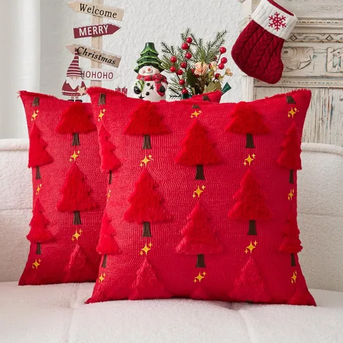 Miniatura 30 de Kevin Textile - Fundas de almohada con diseño de árbol de Navidad de 16 x 16 pulgadas, juego de 2, bordado de lujo, felpa suave, piel sintética