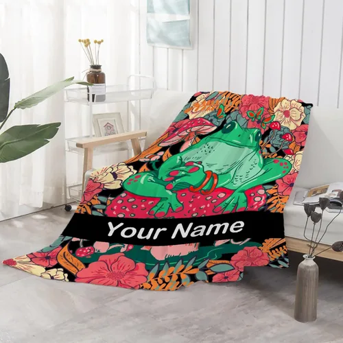 Miniatura 4 de Anuruddha Manta personalizada con nombre, manta de franela con nombre personalizado de rana floral, esponjosa, acogedora, manta de hongo y rana