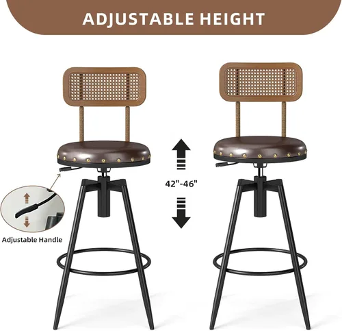 Miniatura 3 de Taburete de bar giratorio ajustable de 42 pulgadas con respaldo, taburetes rústicos de altura de bar, silla de bar de 360 grados para comedor, isla