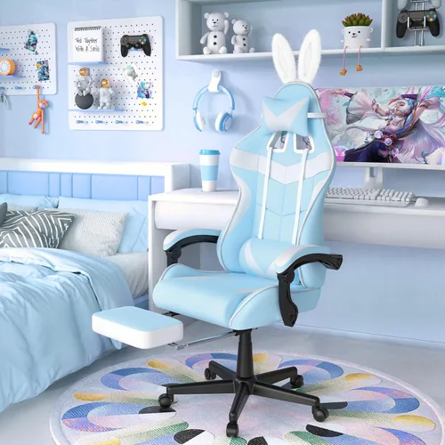 Miniatura 2 de Soontrans Silla de juegos azul claro con reposapiés, bonita silla de videojuegos de conejo, silla de escritorio Kawaii para nieta, hermana, novia