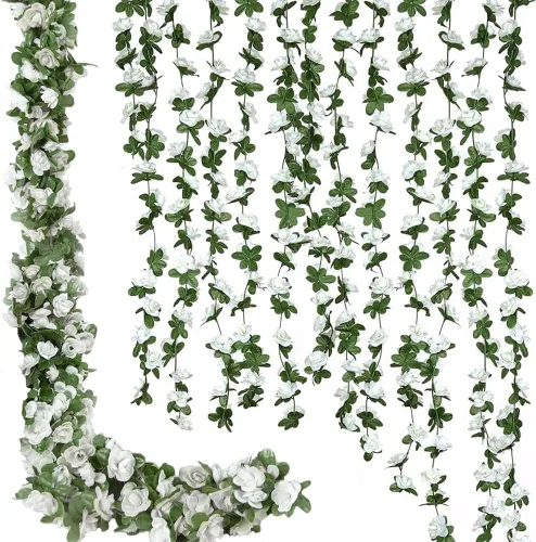 Miniatura 11 de Flores falsas, 10 unidades, plantas artificiales de vid de rosas colgantes, hiedra rosa para el hogar, hotel, oficina, boda, fiesta, jardín