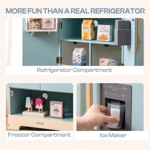 Miniatura 2 de ROBOTIME - Refrigerador de madera de juguete, para niños pequeños y grandes, con máquina de hielo y alimentos, juego de cocina de simulación