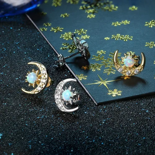 Miniatura 6 de Milacolato Pendientes de plata de ley 925 con ópalo chapado en oro de 18 quilates con circonita cúbica y media luna y estrella para mujer