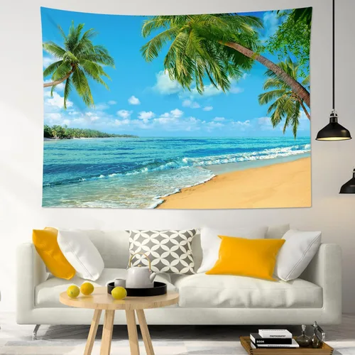 Miniatura 3 de HVEST Tapiz de playa para colgar en la pared, paisaje tropical azul océano, tapiz natural para dormitorio, palmera verde con cielo azul, nube