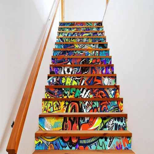 Calcomanías modernas de grafiti en acuarela, calcomanías para escaleras para escaleras, abstracto, hip hop, ciudad, calle, pared, colorido, grafiti,