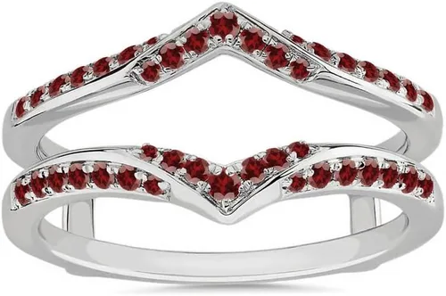 Red Garnet - Anillo de refuerzo en forma de V para mujer, acabado en oro de 14 quilates, anillo de aniversario